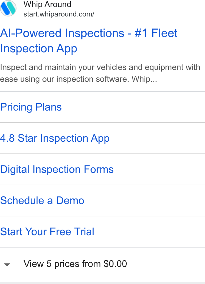 Whip Around ad on Google Ads: Al-Powered Inspections - #1 Fleet Inspection App Inspect and maintain your vehicles and equipment with ease using our inspection software. Whip... Pricing Plans 4.8 Star Inspection App Digital Inspection Forms Schedule a Demo Start Your Free Trial View 5 prices from $0.00