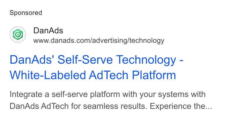 DanAds ad on Google Ads: Dan Ads' Self-Serve Technology - White-Labeled Ad Tech Platform Integrate a self-serve platform with your systems with Dan Ads Ad Tech for seamless results. Experience the...