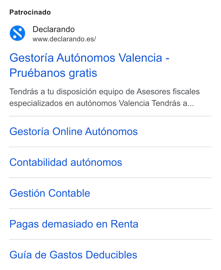 Declarando ad on Google Ads: Patrocinado Gestoria Aut6nomos Valencia - Pruébanos gratis Tendras a tu disposicién equipo de Asesores fiscales especializados en aut6énomos Valencia Tendras a... Gestoria Online Aut6nomos Contabilidad aut6énomos Gestién Contable Pagas demasiado en Renta Guia de Gastos Deducibles
