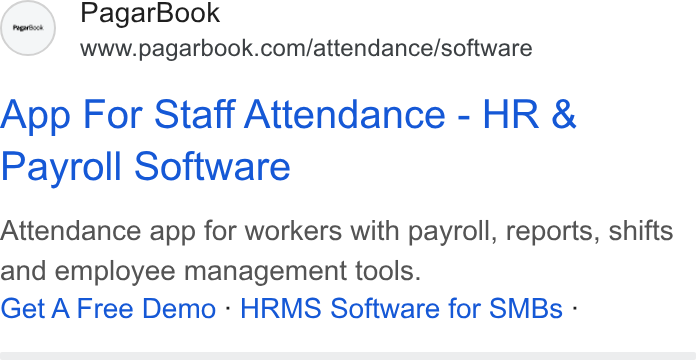 PagarBook ad on Google Ads: App For Staff Attendance - HR & Payroll Software Attendance app for workers with payroll, reports, shifts and employee management tools. Get A Free Demo - HRMS Software for SMBs -