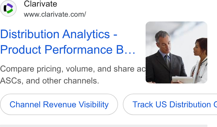 Clarivate ad on Google Ads: Distribution Analytics - Product Performance B... Compare pricing, volume, and share ac | \ ASCs, and other channels. Channel Revenue Visibility } ( Track US Distribution ¢