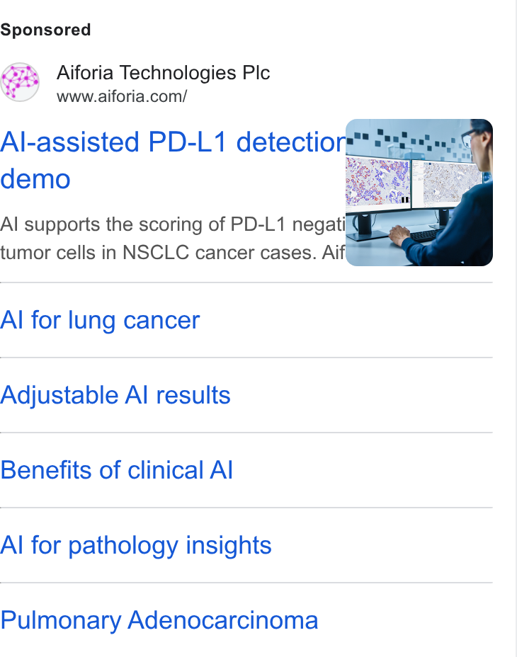 Aiforia ad on Google Ads: demo Al supports the scoring of PD-L1 negatirq tumor cells in NSCLC cancer cases. Aif@ Al for lung cancer Adjustable Al results Benefits of clinical Al Al for pathology insights Pulmonary Adenocarcinoma