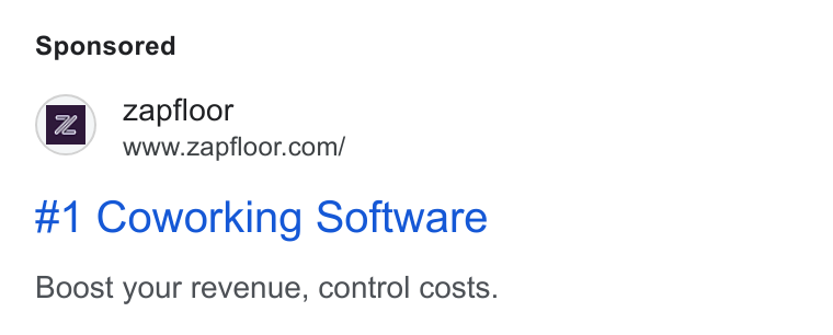 zapfloor ad on Google Ads: #1 Coworking Software Boost your revenue, control costs.