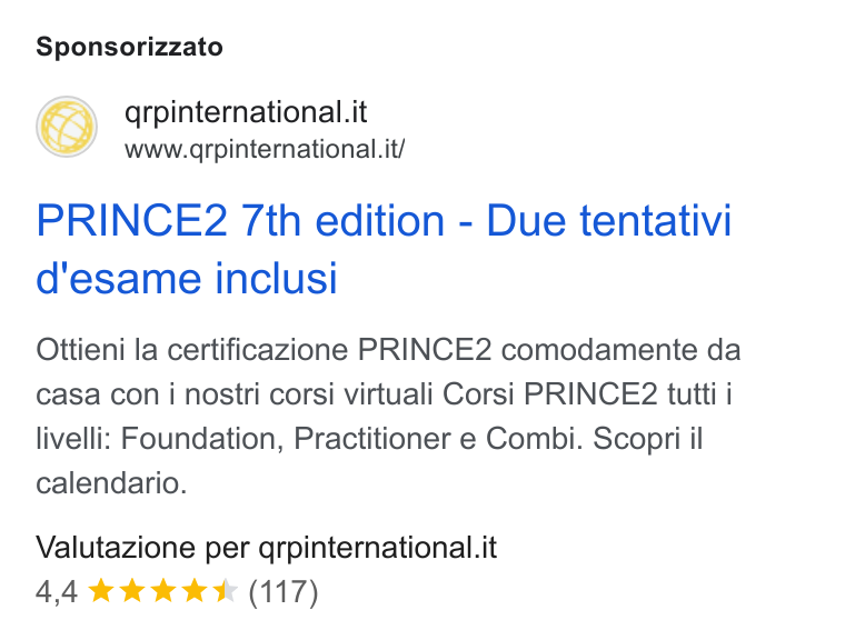 aNewSpring ad on Google Ads: www.qrpinternational it/ PRINCE2 7th edition - Due tentativi d'esame inclusi Ottieni la certificazione PRINCE2 comodamente da casa con i nostri corsi virtuali Corsi PRINCE2 tutti i livelli: Foundation, Practitioner e Combi. Scopri il calendario. Valutazione per qrpinternational.it