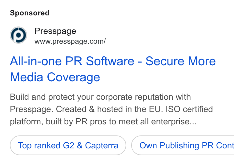 Presspage ad on Google Ads: All-in-one PR Software - Secure More Media Coverage Build and protect your corporate reputation with Presspage. Created & hosted in the EU. ISO certified platform, built by PR pros to meet all enterprise... Top ranked G2 & Capterra }) ( Own Publishing PR Cont