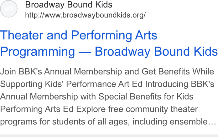 Give Lively ad on Google Ads: Theater and Performing Arts Programming — Broadway Bound Kids Join BBK's Annual Membership and Get Benefits While Supporting Kids' Performance Art Ed Introducing BBK's Annual Membership with Special Benefits for Kids Performing Arts Ed Explore free community theater programs for students of all ages, including ensemble...