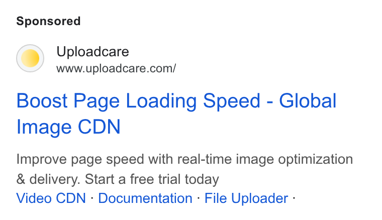 Uploadcare ad on Google Ads: Boost Page Loading Speed - Global Image CDN Improve page speed with real-time image optimization & delivery. Start a free trial today Video CDN - Documentation - File Uploader -