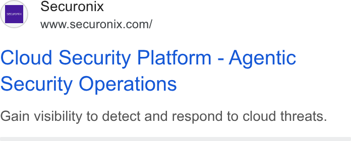 Securonix ad on Google Ads: Cloud Security Platform - Agentic security Operations Gain visibility to detect and respond to cloud threats.
