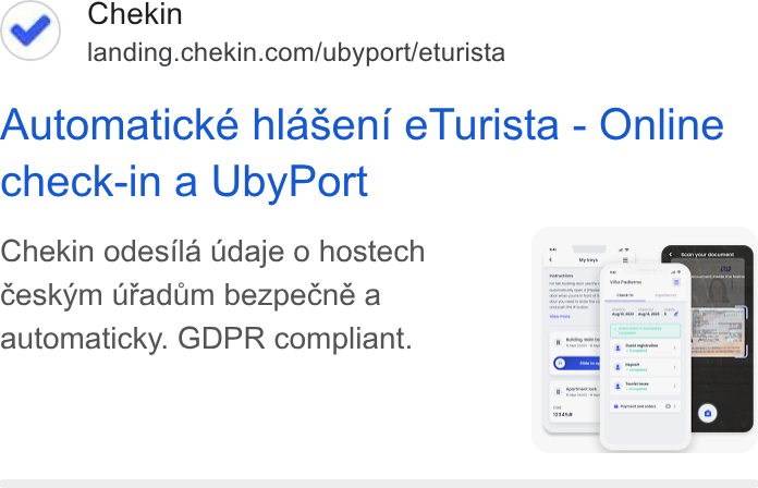 Chekin ad on Google Ads: Automaticke hlasenf e Turista - Online check-in a Uby Port Chekin odesila udaje o hostech céeskym uraddm bezpeéné a automaticky. GDPR compliant.