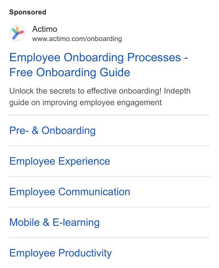 Actimo ad on Google Ads: Employee Onboarding Processes - Free Onboarding Guide Unlock the secrets to effective onboarding! Indepth guide on improving employee engagement Pre- & Onboarding Employee Experience Employee Communication Mobile & E-learning Employee Productivity