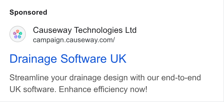 Causeway Technologies ad on Google Ads: Drainage Software UK Streamline your drainage design with our end-to-end UK software. Enhance efficiency now!