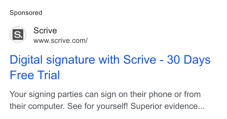 Scrive ad on Google Ads: Digital signature with Scrive - 30 Days Free Trial Your signing parties can sign on their phone or from their computer. See for yourself! Superior evidence...