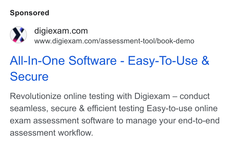 Digiexam ad on Google Ads: www.digiexam.com/assessment-tool/book-demo All-In-One Software - Easy-To-Use & Secure Revolutionize online testing with Digiexam — conduct seamless, secure & efficient testing Easy-to-use online exam assessment software to manage your end-to-end assessment workflow.
