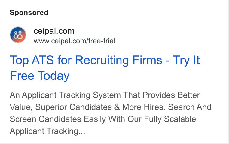 Ceipal ad on Google Ads: ws” =www.ceipal.com/free-trial Top ATS for Recruiting Firms - Try It Free Today An Applicant Tracking System That Provides Better Value, Superior Candidates & More Hires. Search And Screen Candidates Easily With Our Fully Scalable Applicant Tracking...