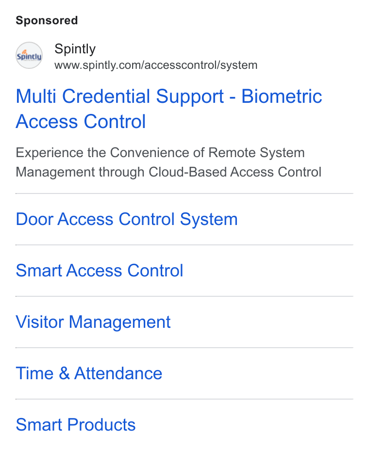 Spintly ad on Google Ads: Multi Credential Support - Biometric Access Control Experience the Convenience of Remote System Management through Cloud-Based Access Control Door Access Control System Smart Access Control Visitor Management Time & Attendance Smart Products