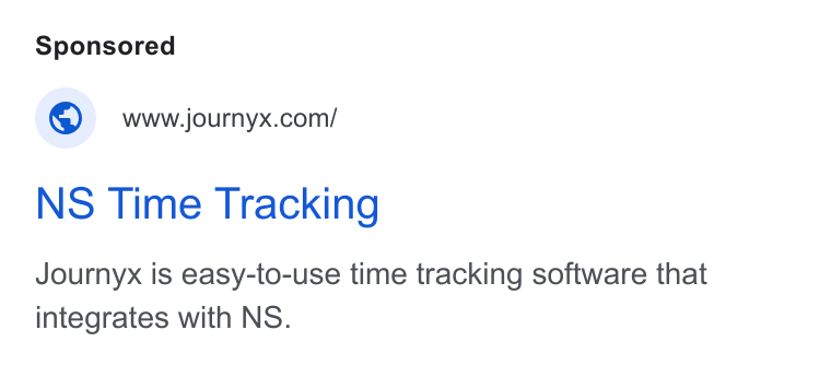 Journyx ad on Google Ads: NS Time Tracking Journyx is easy-to-use time tracking software that integrates with NS.