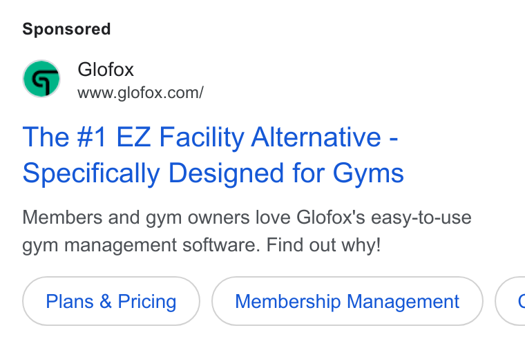 Glofox ad on Google Ads: The #1 EZ Facility Alternative - Specifically Designed for Gyms Members and gym owners love Glofox's easy-to-use gym management software. Find out why! Plans & Pricing Membership Management <