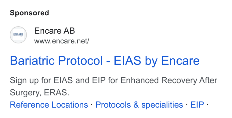 Encare ad on Google Ads: Bariatric Protocol - EIAS by Encare Sign up for EIAS and EIP for Enhanced Recovery After Surgery, ERAS. Reference Locations - Protocols & specialities - EIP -