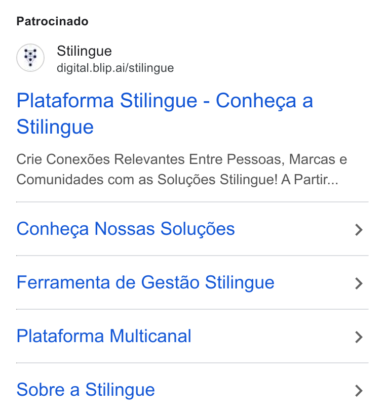 Blip ad on Google Ads: Patrocinado Stilingue / digital.blip.ai/stilingue Plataforma Stilingue - Conhega a Stilingue Crie Conexées Relevantes Entre Pessoas, Marcas e Comunidades com as Solugées Stilingue! A Partir... Conhega Nossas Solugées Ferramenta de Gestao Stilingue Plataforma Multicanal Sobre a Stilingue