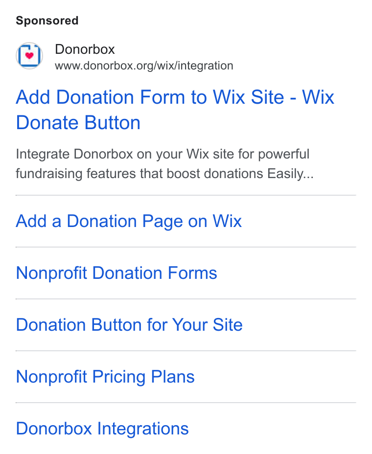 Donorbox ad on Google Ads: Add Donation Form to Wix Site - Wix Donate Button Integrate Donorbox on your Wix site for powerful fundraising features that boost donations Easily... Add a Donation Page on Wix Nonprofit Donation Forms Donation Button for Your Site Nonprofit Pricing Plans Donorbox Integrations