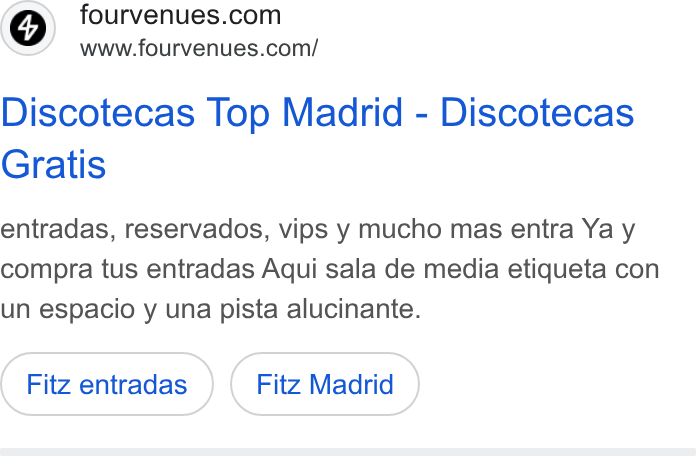 Fourvenues ad on Google Ads: www.fourvenues.com/ Discotecas Top Madrid - Discotecas Gratis entradas, reservados, vips y mucho mas entra Ya y compra tus entradas Aqui sala de media etiqueta con un espacio y una pista alucinante. Fitz entradas Fitz Madrid