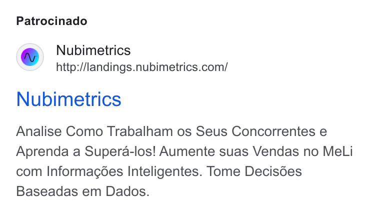 Nubimetrics ad on Google Ads: Patrocinado Nubimetrics Analise Como Trabalham os Seus Concorrentes e Aprenda a Supera-los! Aumente suas Vendas no Me Li com Informag6es Inteligentes. Tome Decisdes Baseadas em Dados.