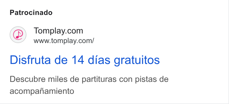 Tomplay ad on Google Ads: www.tomplay.com/ Disfruta de 14 dias gratuitos Descubre miles de partituras con pistas de acompanamiento