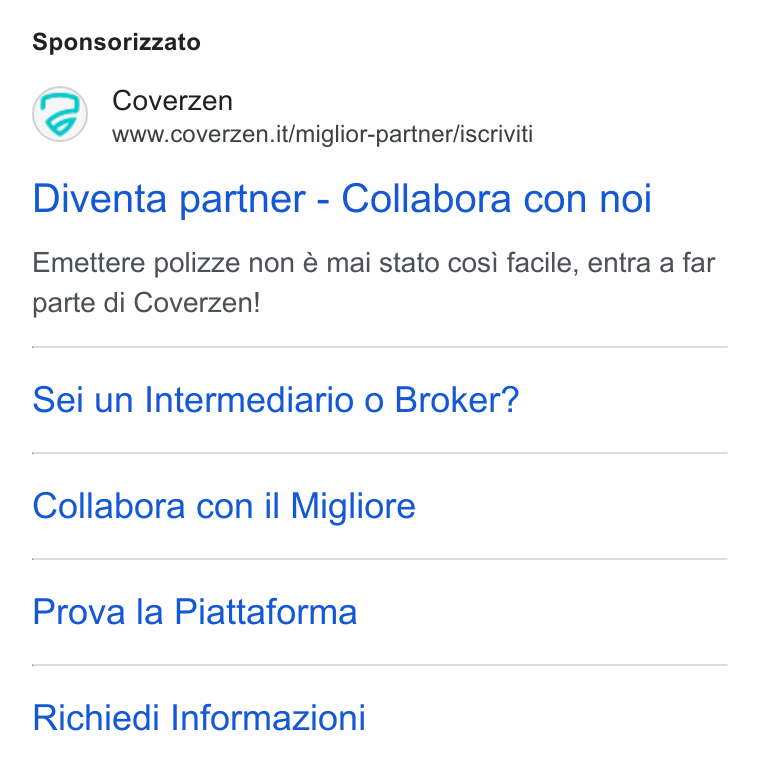 Coverzen ad on Google Ads: Sponsorizzato Diventa partner - Collabora con noi Emettere polizze non é mai stato cosi facile, entra a far parte di Coverzen! Sei un Intermediario o Broker? Collabora con il Migliore Prova la Piattaforma Richiedi Informazioni