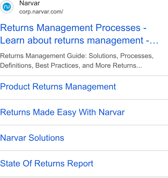 Narvar ad on Google Ads: Returns Management Processes - Learn about returns management -... Returns Management Guide: Solutions, Processes, Definitions, Best Practices, and More Returns... Product Returns Management Returns Made Easy With Narvar Narvar Solutions State Of Returns Report