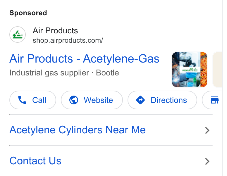 Air Products & Chemicals ad on Google Ads: Air Products - Acetylene-Gas Industrial gas supplier - Bootle \Y Call @ Website } ( @ Directions }) Acetylene Cylinders Near Me Contact Us