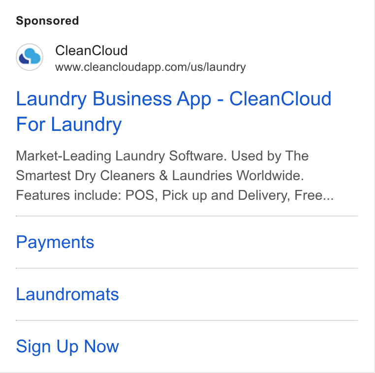 CleanCloud ad on Google Ads: Laundry Business App - Clean Cloud For Laundry Market-Leading Laundry Software. Used by The Smartest Dry Cleaners & Laundries Worldwide. Features include: POS, Pick up and Delivery, Free... Payments Laundromats Sign Up Now