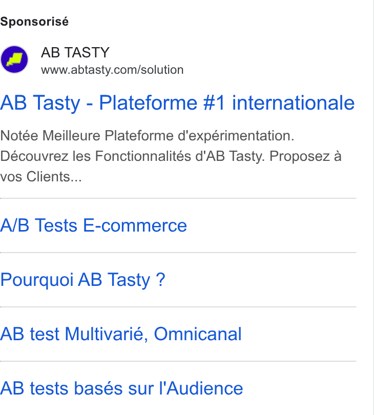 AB Tasty ad on Google Ads: Sponsorisé AB Tasty - Plateforme #1 internationale Notée Meilleure Plateforme d'expérimentation. Découvrez les Fonctionnalités d'AB Tasty. Proposez a vos Clienis... A/B Tests E-commerce Pourquoi AB Tasty ? AB test Multivarié, Omnicanal AB tests basés sur l'Audience