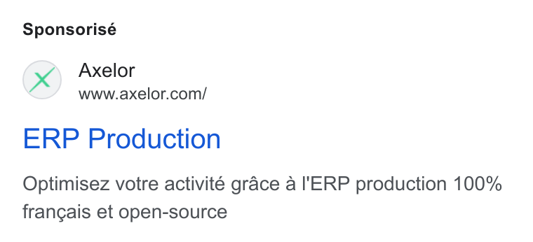 Axelor ad on Google Ads: Sponsorisé ERP Production Optimisez votre activité grace a I'ERP production 100% frangais et open-source
