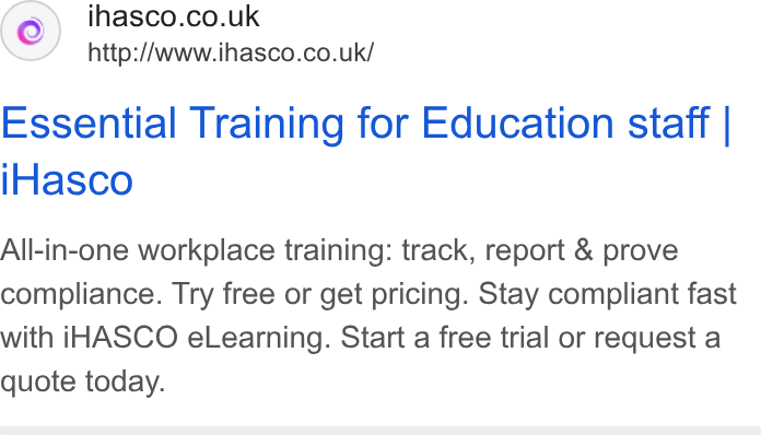 iHasco ad on Google Ads: http://www.ihasco.co.uk/ Essential Training for Education staff | i Hasco All-in-one workplace training: track, report & prove compliance. Try free or get pricing. Stay compliant fast with i HASCO e Learning. Start a free trial or request a quote today.