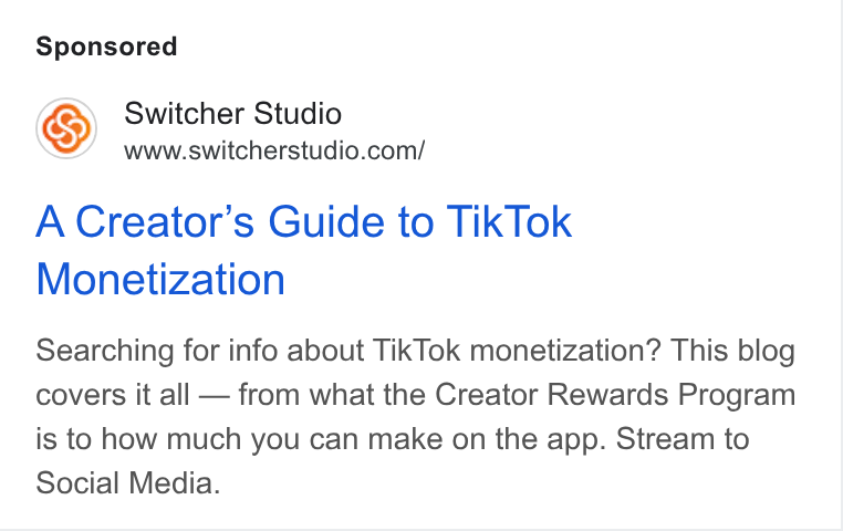 Switcher ad on Google Ads: A Creator’s Guide to Tik Tok Monetization Searching for info about Tik Tok monetization? This blog covers it all — from what the Creator Rewards Program is to how much you can make on the app. Stream to Social Media.