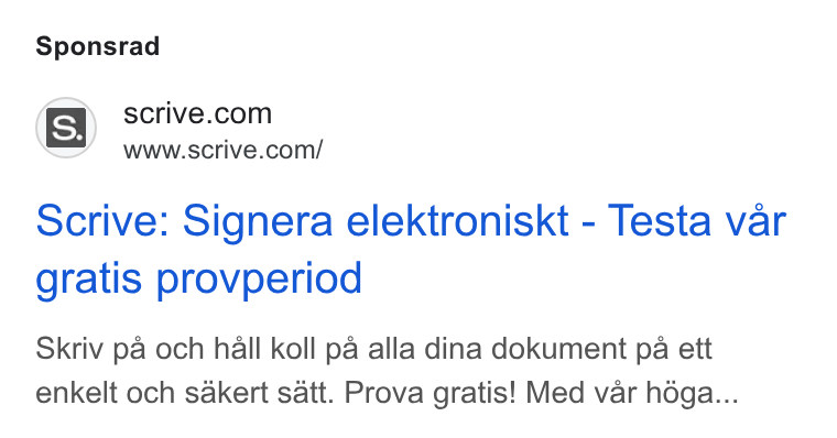 Scrive ad on Google Ads: scrive.co www.scrive.com/ Scrive: Signera elektroniskt - Testa var gratis provperiod Skriv pa och hall koll pa alla dina dokument pa ett enkelt och sakert satt. Prova gratis! Med var hdga...