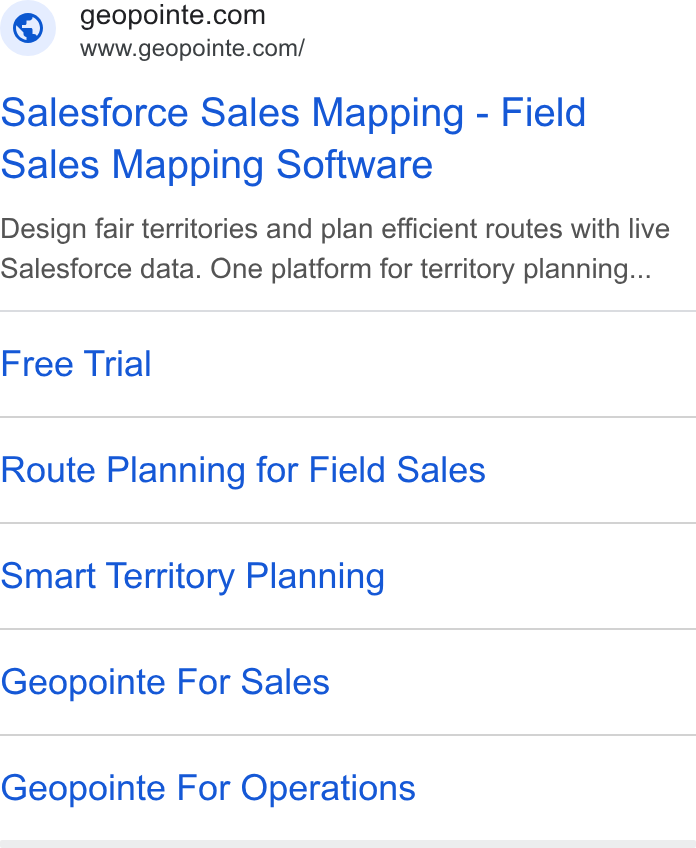 Geopointe ad on Google Ads: ig www.geopointe.com/ Salesforce Sales Mapping - Field Sales Mapping Software Design fair territories and plan efficient routes with live Salesforce data. One platform for territory planning... Free Trial Route Planning for Field Sales Smart Territory Planning Geopointe For Sales Geopointe For Operations