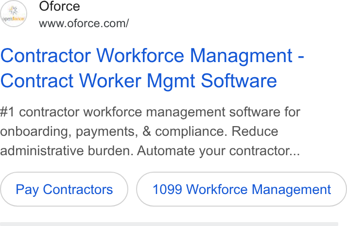 Openforce ad on Google Ads: Contractor Workforce Managment - Contract Worker Mgmt Software #1 contractor workforce management software for onboarding, payments, & compliance. Reduce administrative burden. Automate your contractor... Pay Contractors 1099 Workforce Management