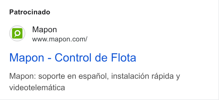 Mapon ad on Google Ads: Patrocinado Mapon - Control de Flota Mapon: soporte en espanol, instalacion rapida y videotelematica