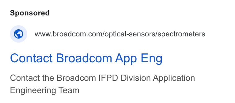Broadcom ad on Google Ads: Contact Broadcom App Eng Contact the Broadcom IFPD Division Application Engineering Team