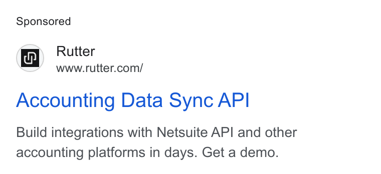 Rutter ad on Google Ads: Accounting Data Sync API Build integrations with Netsuite AP! and other accounting platforms in days. Get a demo.