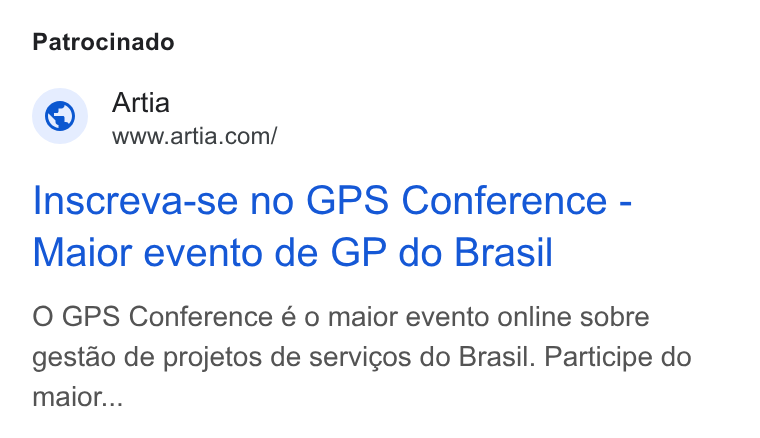 Artia ad on Google Ads: Patrocinado Inscreva-se no GPS Conference - Maior evento de GP do Brasil O GPS Conference é o maior evento online sobre gestao de projetos de servicos do Brasil. Participe do maior...