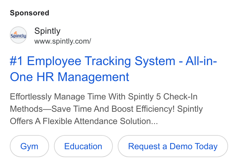 Spintly ad on Google Ads: #1 Employee Tracking System - All-in- One HR Management Effortlessly Manage Time With Spintly 5 Check-In Methods—Save Time And Boost Efficiency! Spintly Offers A Flexible Attendance Solution... Gym Request a Demo Today