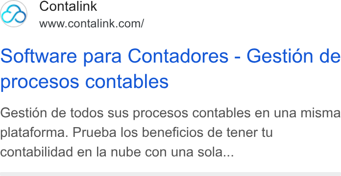 Contalink ad on Google Ads: software para Contadores - Gestion de procesos contables Gestion de todos sus procesos contables en una misma plataforma. Prueba los beneficios de tener tu contabilidad en la nube con una sola...