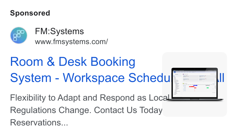 FM:Systems ad on Google Ads: Room & Desk Booking ‘ _ | System - Workspace Schedu].. = Flexibility to Adapt and Respond as Loca = Regulations Change. Contact Us Today | Reservations...