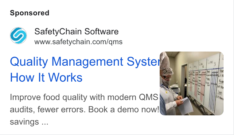 SafetyChain Software ad on Google Ads: Quality Management Syste \ How It Works Improve food quality with modern QMS . audits, fewer errors. Book a demo now! savings ...