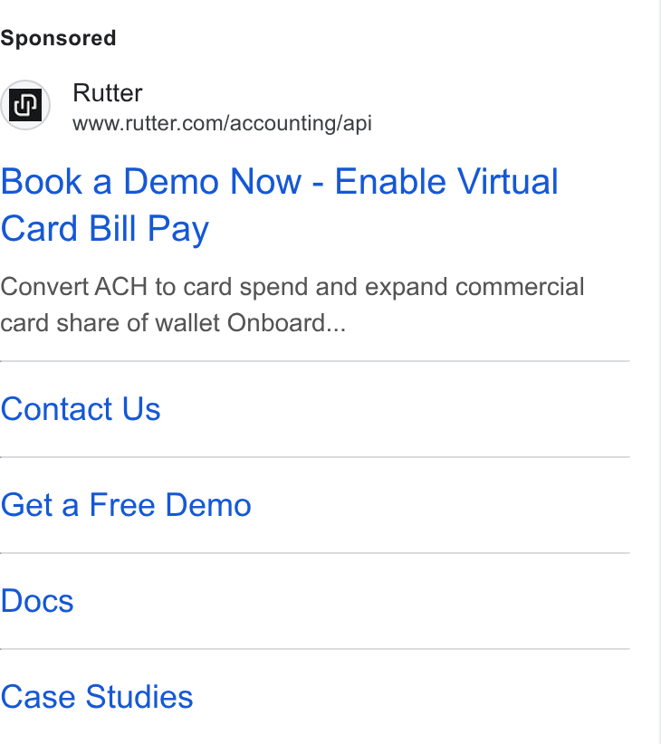 Rutter ad on Google Ads: Rutter Book a Demo Now - Enable Virtual Card Bill Pay Convert ACH to card spend and expand commercial card share of wallet Onboard... Contact Us Get a Free Demo Docs Case Studies