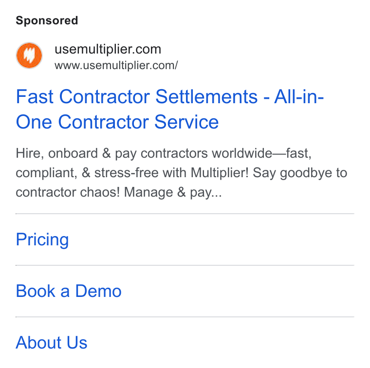 Multiplier ad on Google Ads: i www.usemultiplier.com/ Fast Contractor Settlements - All-in- One Contractor Service Hire, onboard & pay contractors worldwide—fast, compliant, & stress-free with Multiplier! Say goodbye to contractor chaos! Manage & pay... Pricing Book a Demo About Us