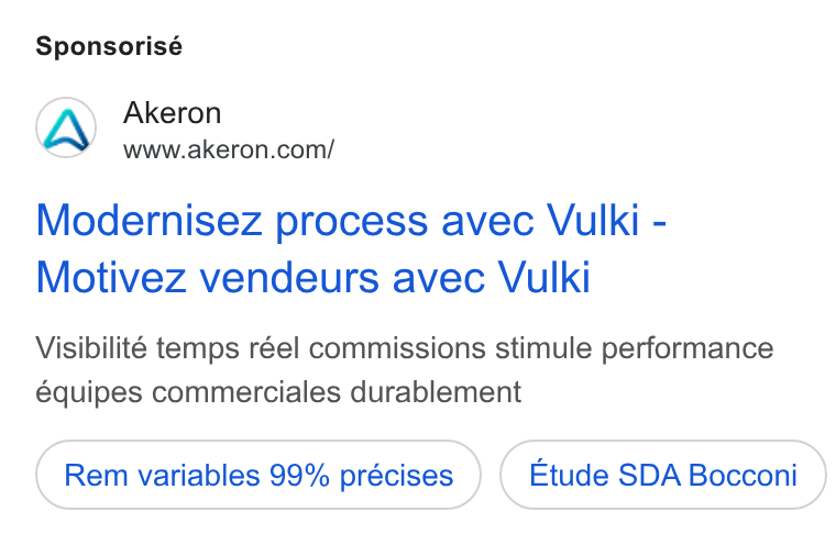 Akeron ad on Google Ads: Sponsorisé Modernisez process avec Vulki - Motivez vendeurs avec Vulki Visibilité temps réel commissions stimule performance équipes commerciales durablement Rem variables 99% précises Etude SDA Bocconi