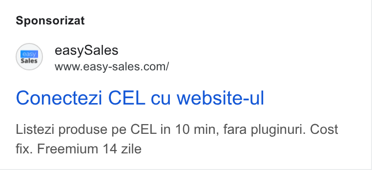 easySales Global ad on Google Ads: Sponsorizat Conectezi CEL cu website-ul Listezi produse pe CEL in 10 min, fara pluginuri. Cost fix. Freemium 14 zile
